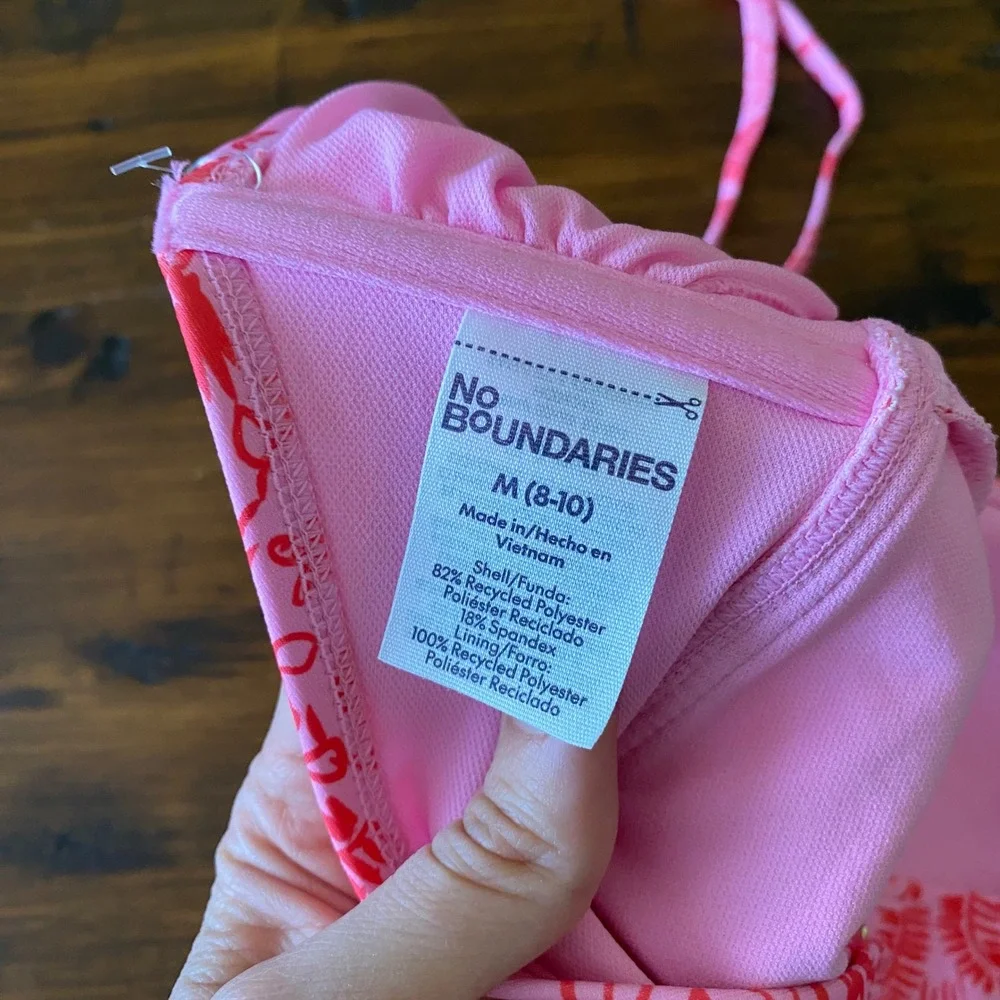 No Boundaries Pink Tropical Toucan Cheeky High Leg 1-Piece Swimsuit Medium 8-10
